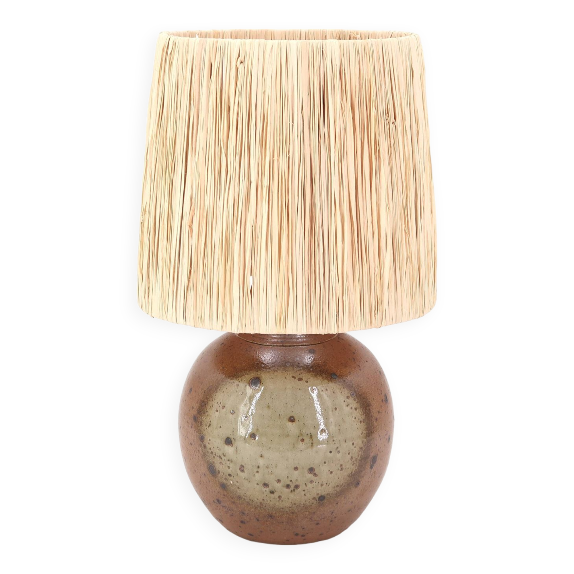 Sandstone lamp by Jacques Vilain, raffia lampshade, 70s ceramic
