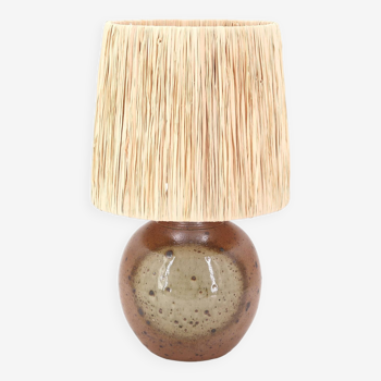 Sandstone lamp by Jacques Vilain, raffia lampshade, 70s ceramic