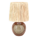 Sandstone lamp by Jacques Vilain, raffia lampshade, 70s ceramic