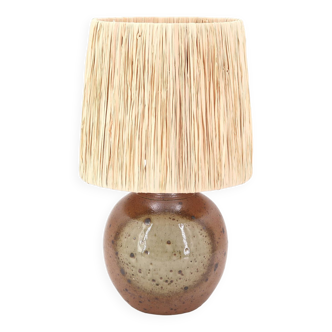 Sandstone lamp by Jacques Vilain, raffia lampshade, 70s ceramic