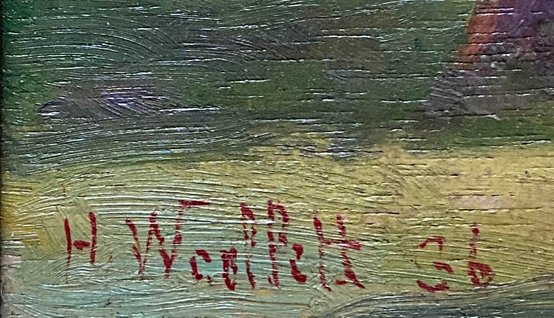 Oil painting on wood panel dated 1936