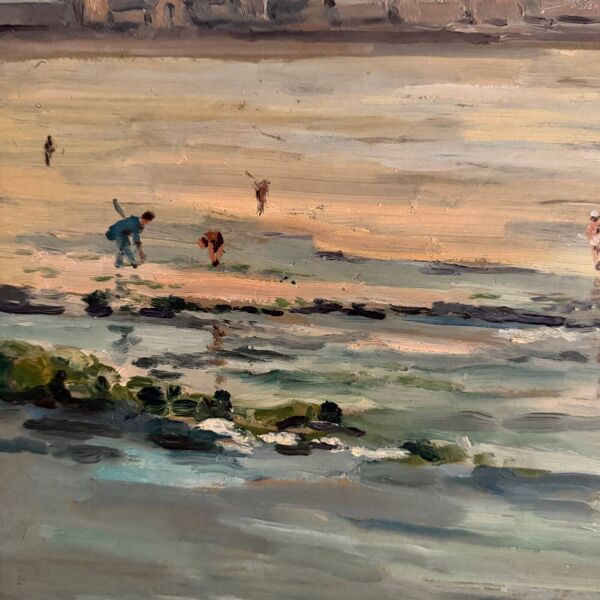 Huile sur Isorel bord de plage avec pêcheurs à pied 1958 par R.P.