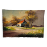 Peinture à l’huile chaumière ancien
