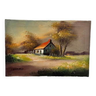 Peinture à l’huile chaumière ancien