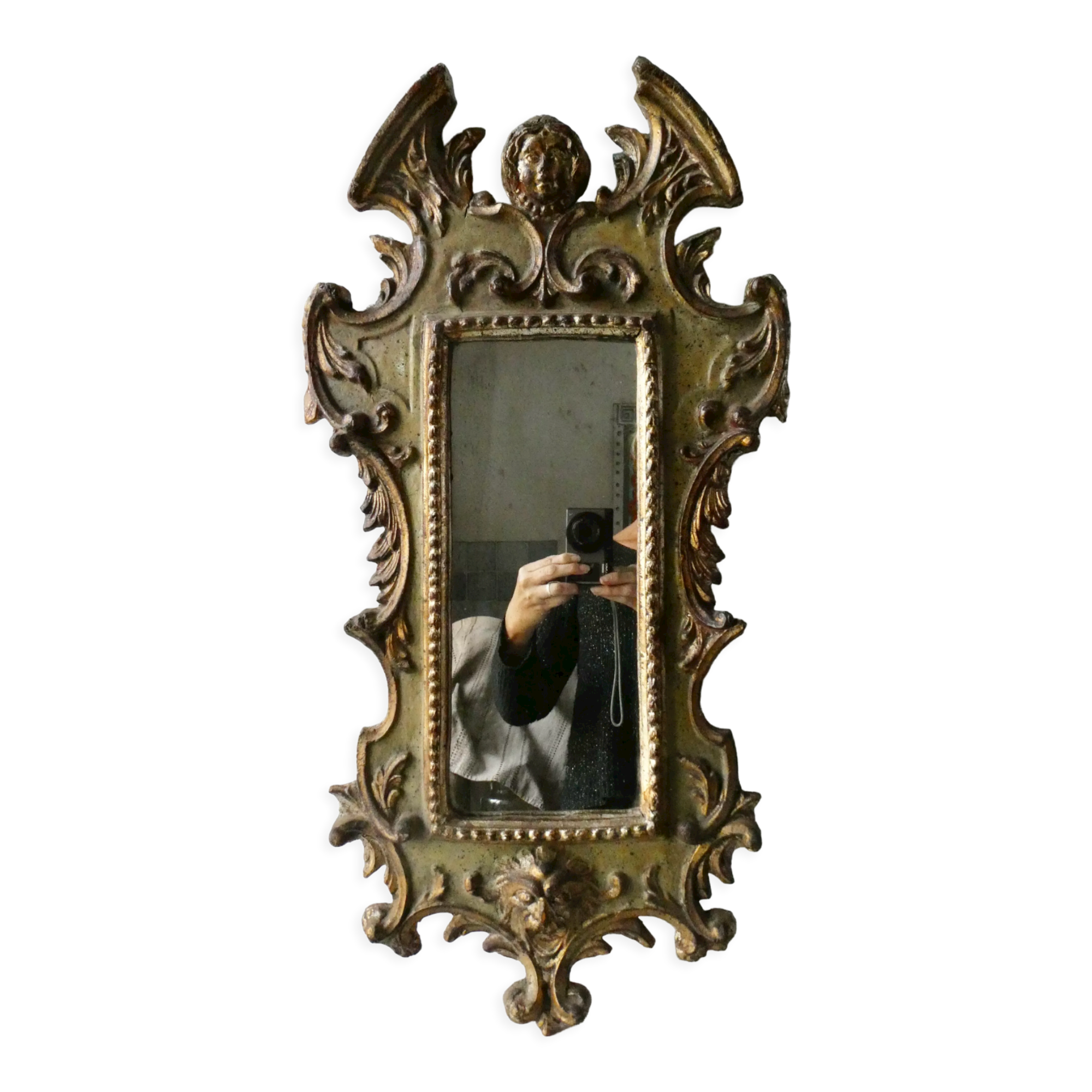 Mirror with cherub head in gilded wood, Venetian baroque style