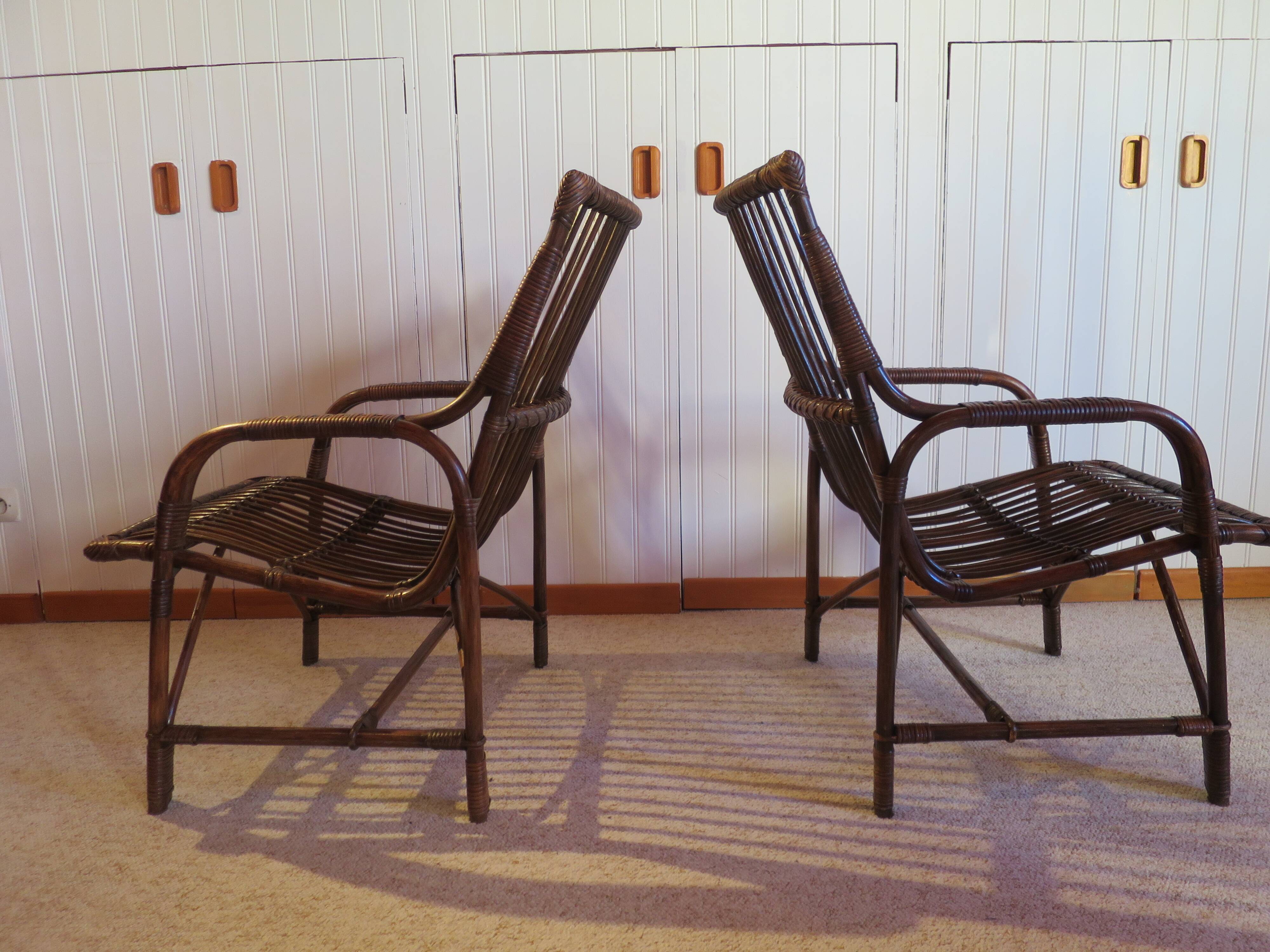Lot de 2 Fauteuils de jardin en rotin et bambou -Vintage -Années 60 - avec coussins - vernis satin