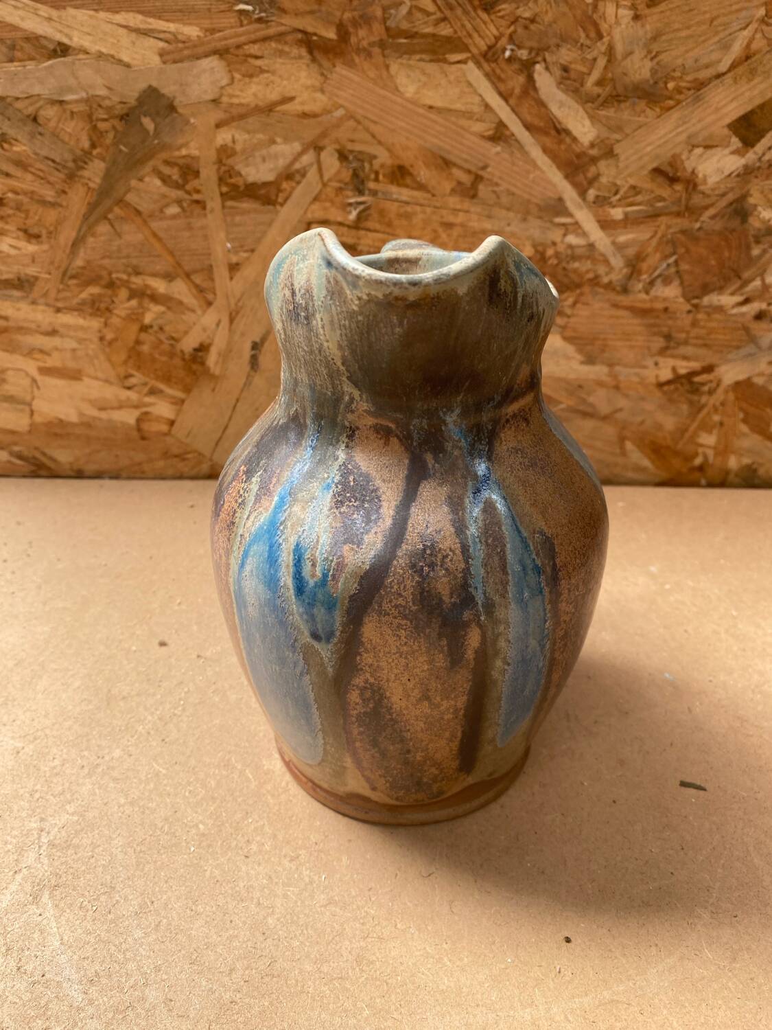 Antique art nouveau vintage blue brown flamed stoneware pitcher