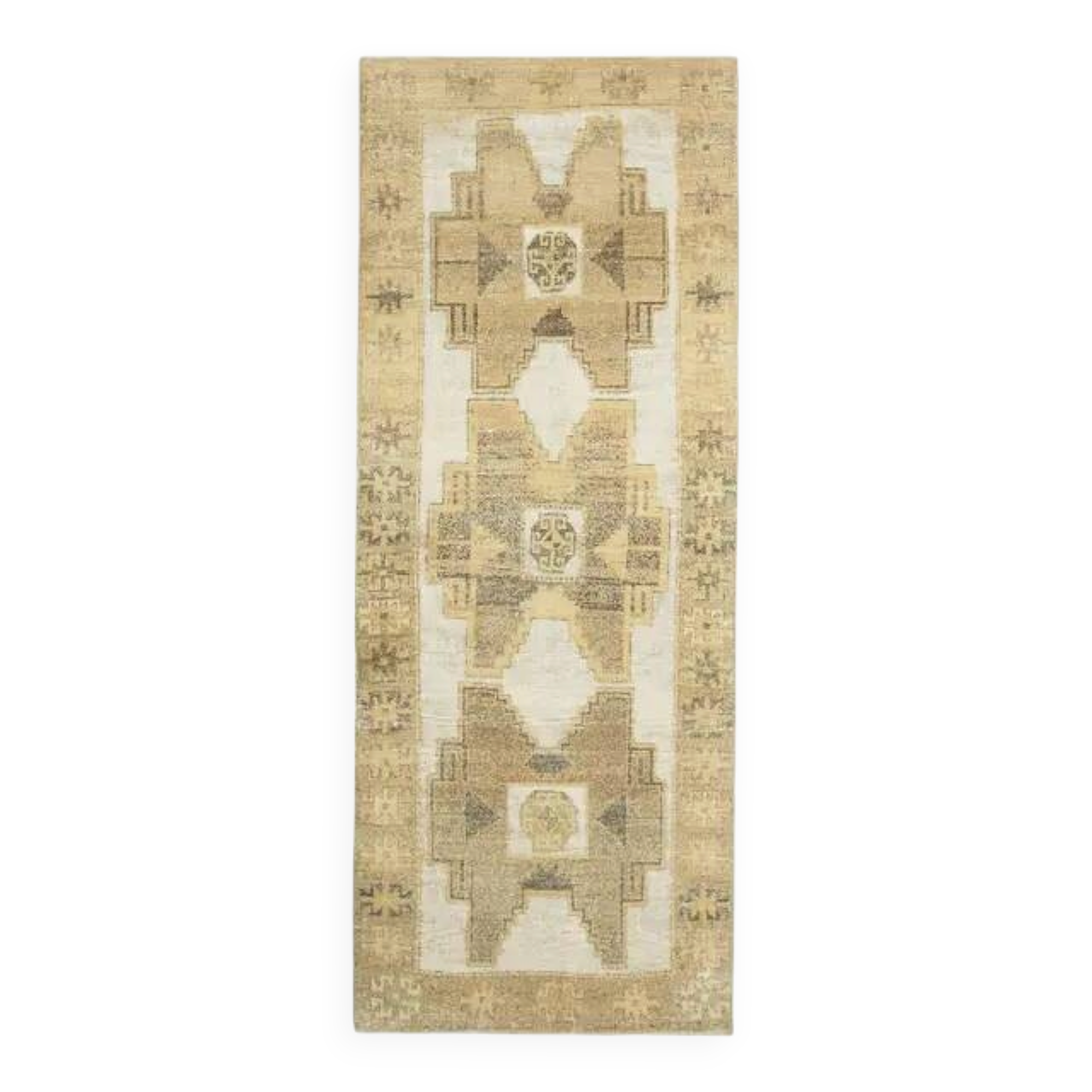 1970s Turkish Hand-Knotted Wool Cotton White Runner Rug 120X314
