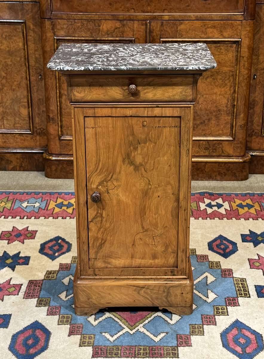 19th-century bedside table in walnut, oak, and marble top.