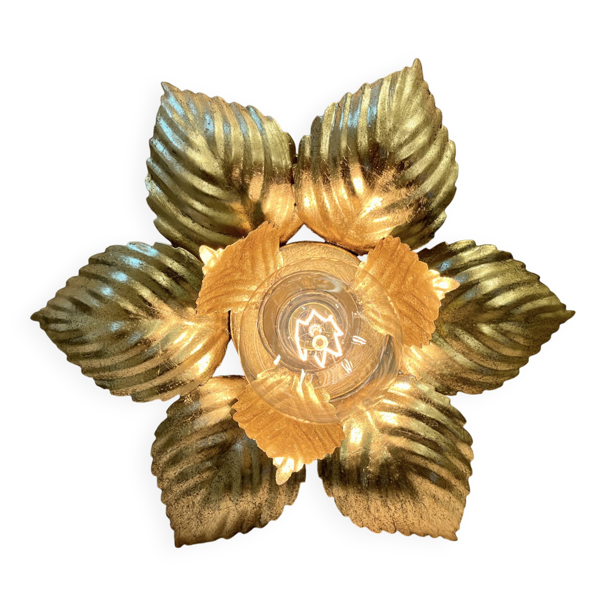 Masca 1970s 1980s Hollywood Regency Gold Leaf Metal Flower Wall Sconce