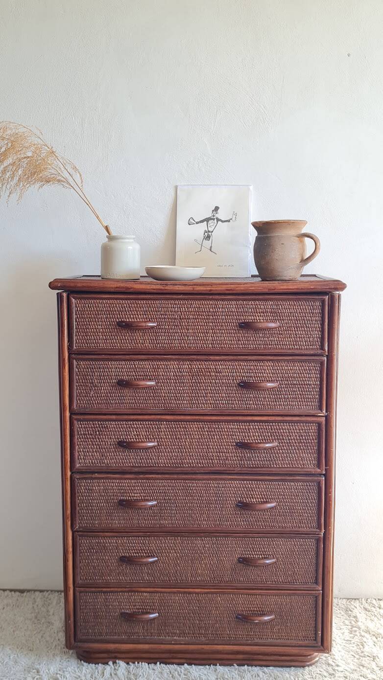 Commode en rotin vintage circa années 70