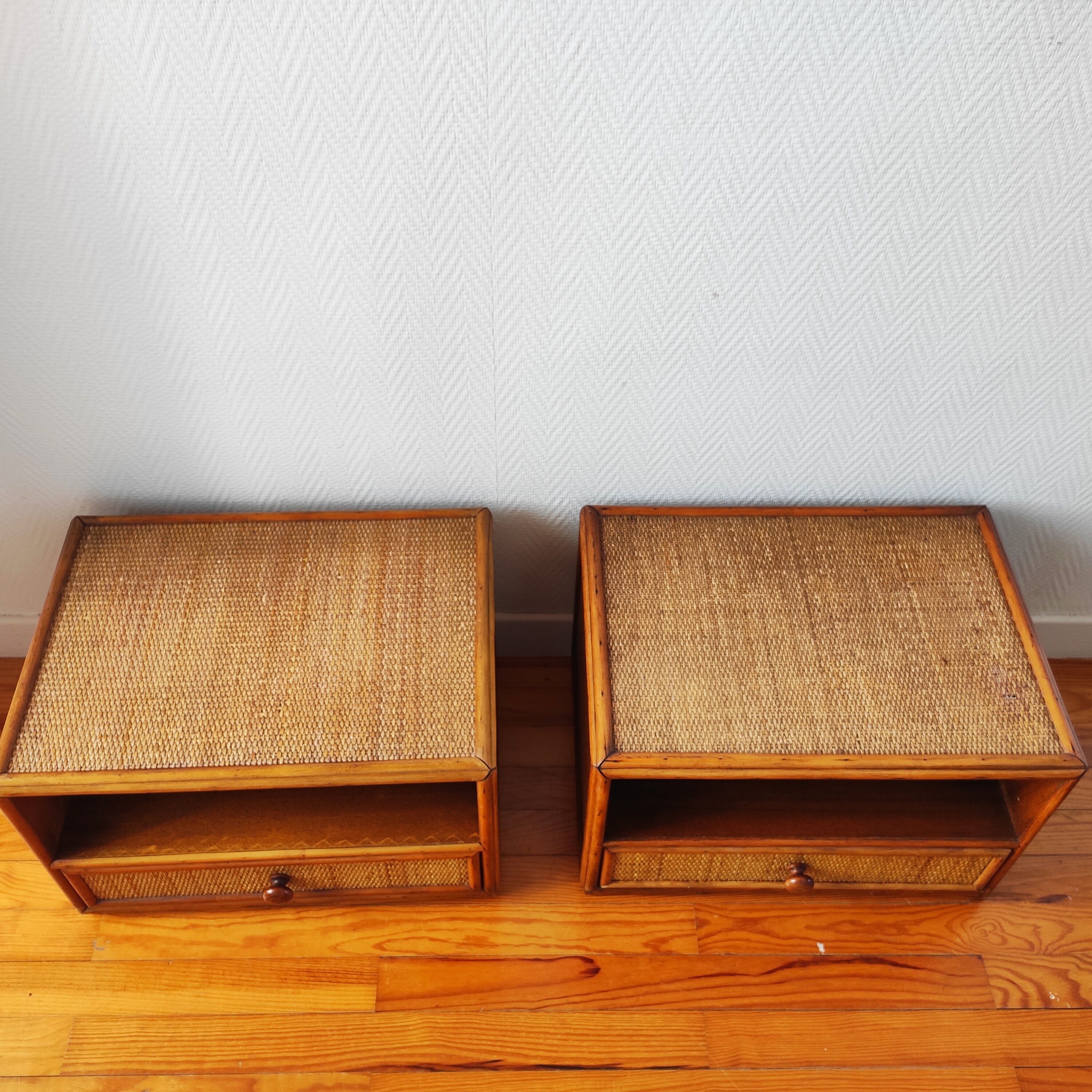 Pair of rattan bedside tables