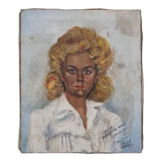 Huile sur toile par Christine Petit, Femme blonde Jeannette milieu XXe