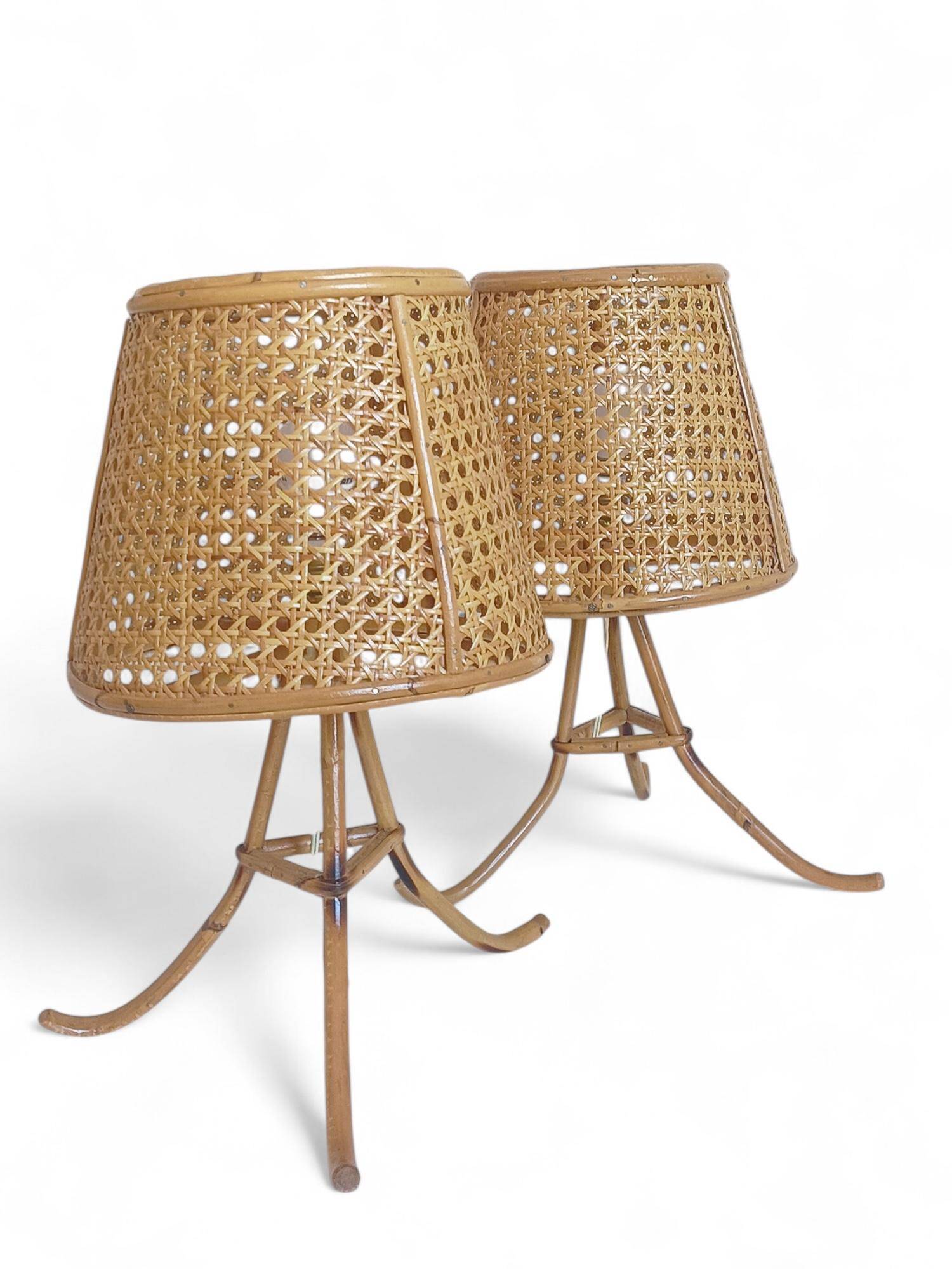 Mid-Century Bamboo and Cane Pair of Large Table Lamps By Louis Sognot, 1970s