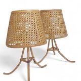 Mid-Century Bamboo and Cane Pair of Large Table Lamps By Louis Sognot, 1970s