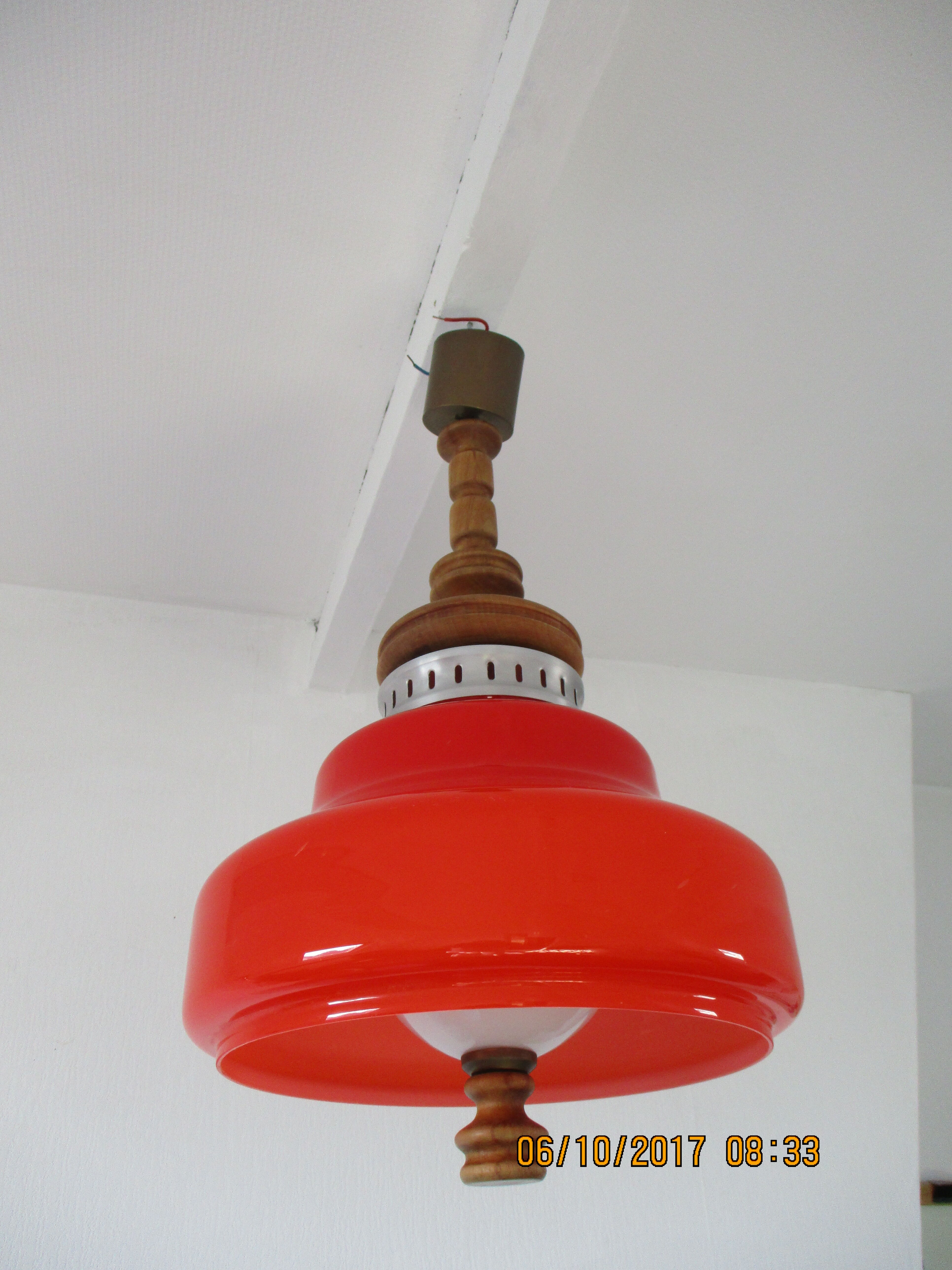 Large suspension in orange opaline and wood design 70s