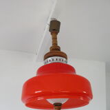 Large suspension in orange opaline and wood design 70s