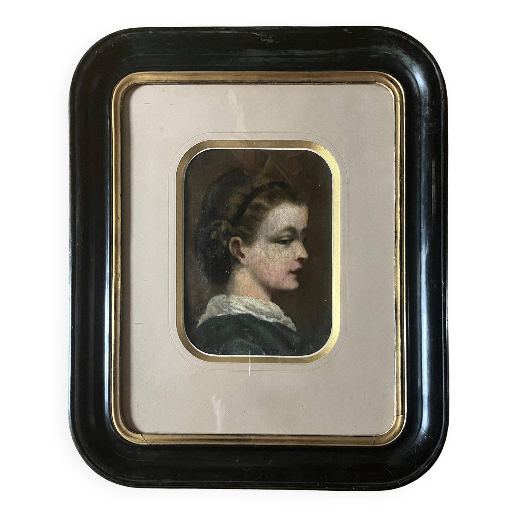 HST/P painting "Family portrait, Young woman" 19th century + frame