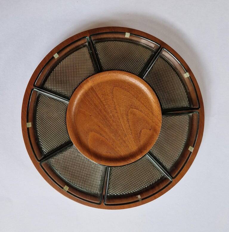 Midcentury Serving Teak and Glass Plate, Sweden, 1970s