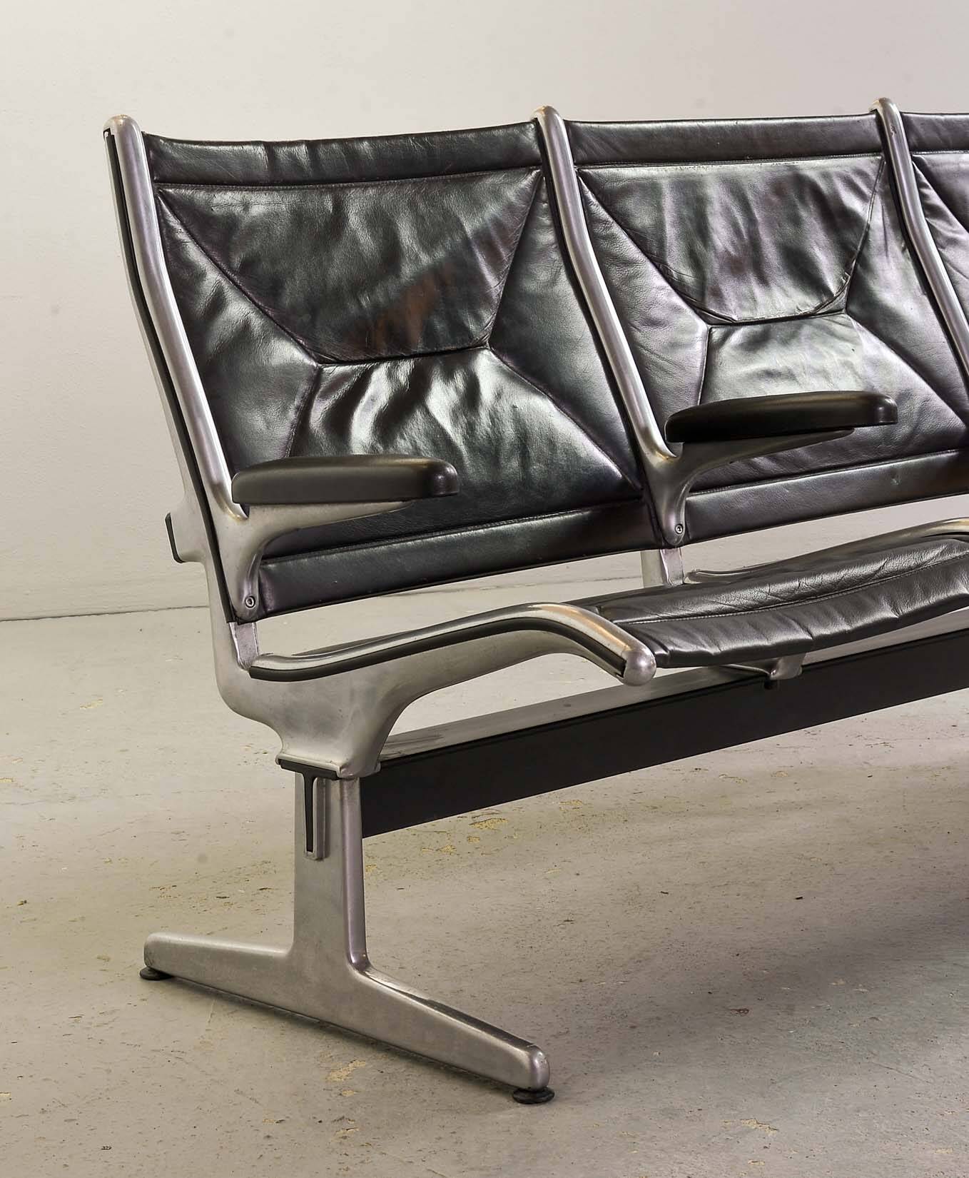 Charles Eames Black Leather 3-Seat Tandem Sling Airport Bench Herman Miller
