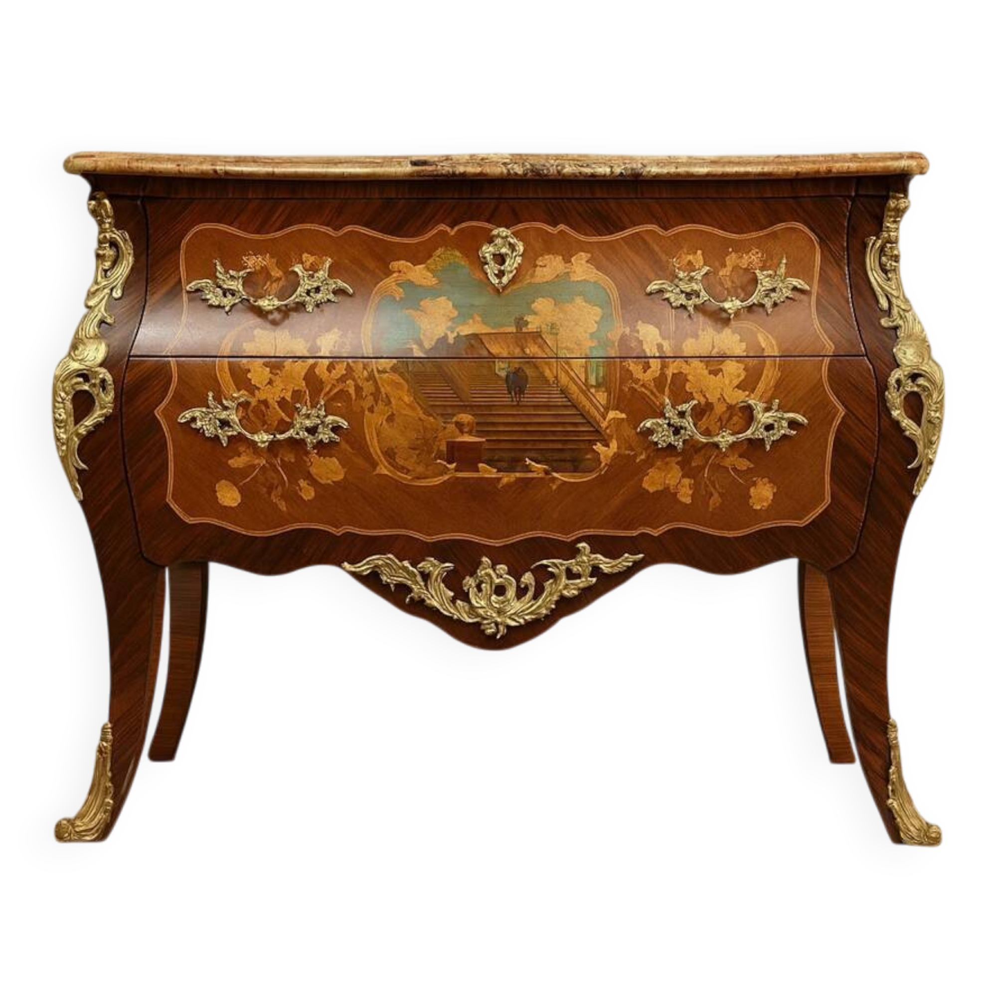 Commode sauteuse galbée style Louis XV estampillée en marqueterie