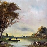 HST painting "Landscape with fishermen" 1898 signed Lion + frame