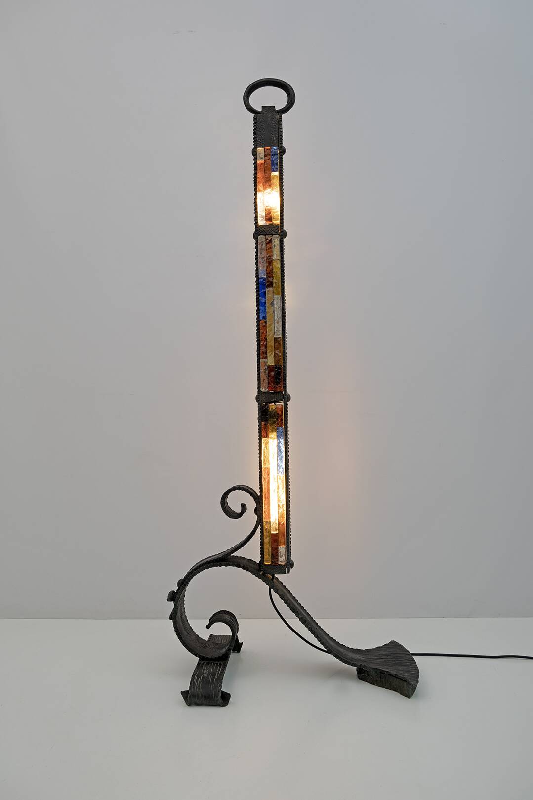 Poliarte Brutalist Italian Wrought Iron and Color Raw Glass Floor Lamp, 60