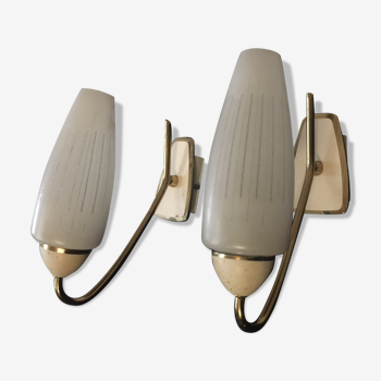 Pair of 50s/60s wall sconces in brass and opaline