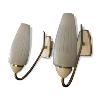 Pair of 50s/60s wall sconces in brass and opaline
