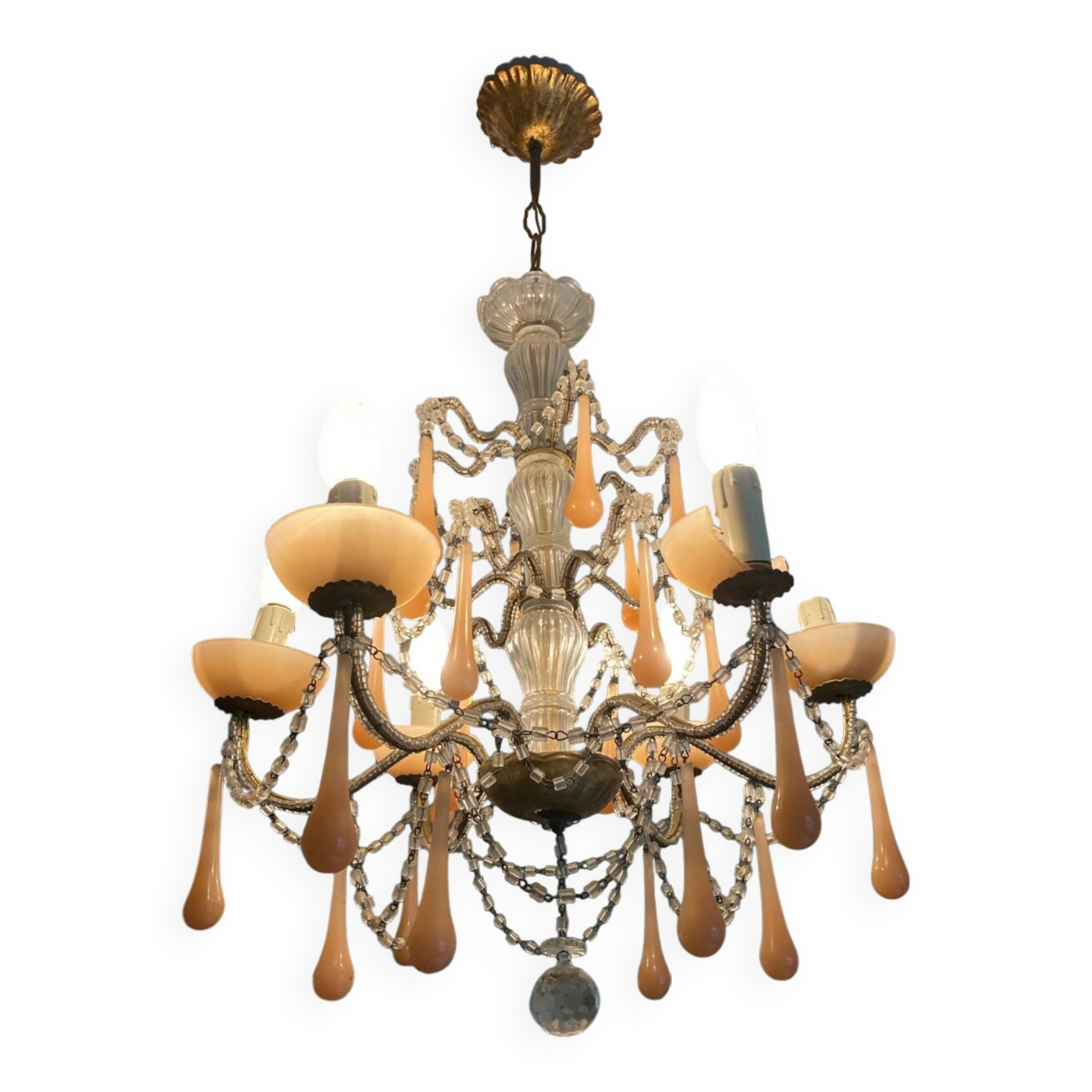 Superb antique chandelier brass/glass/Murano opal.