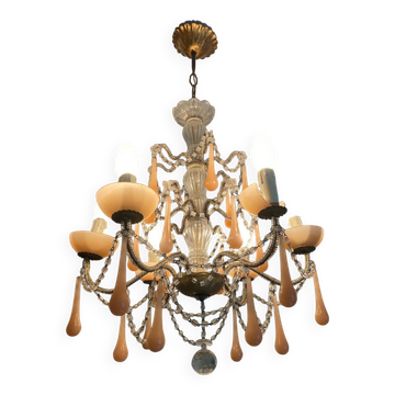 Superb antique chandelier brass/glass/Murano opal.