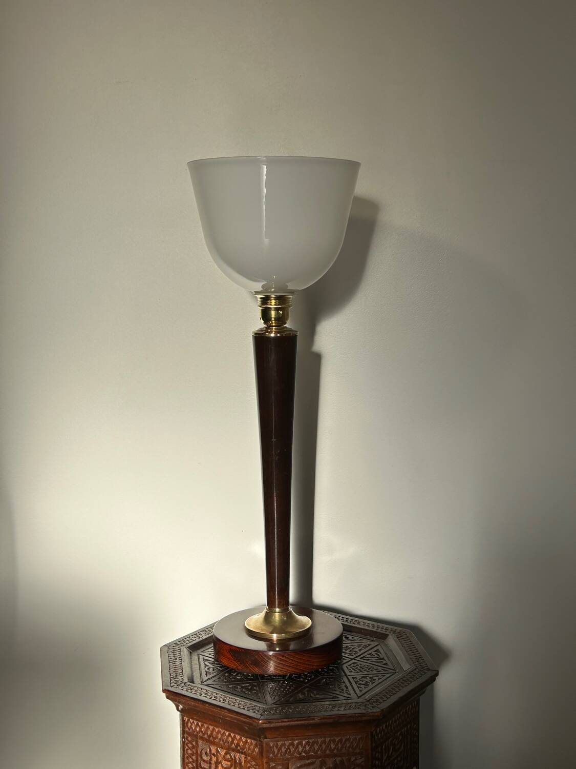 Art Deco lamp made of wood, brass, and opaline.