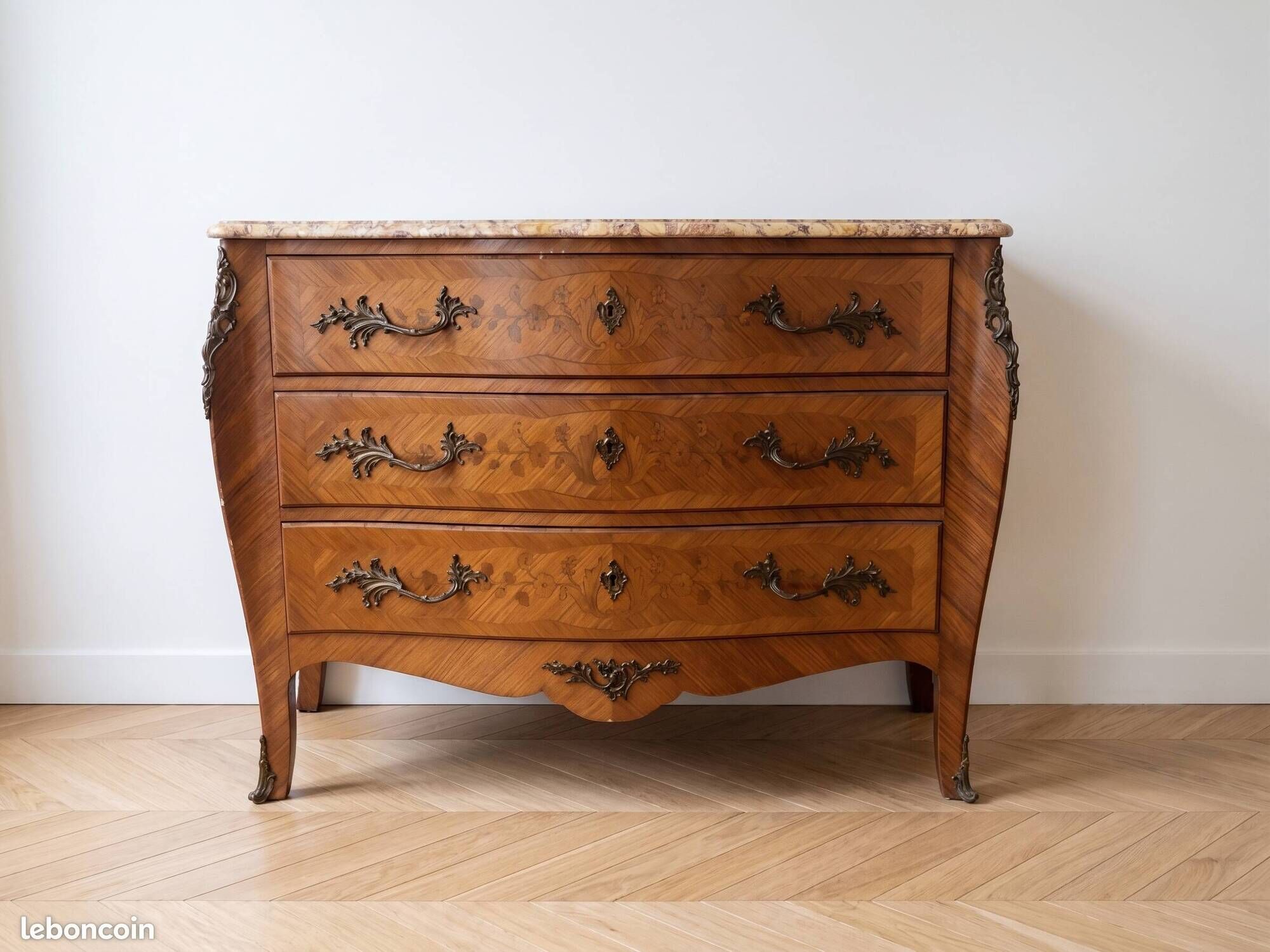 Louis XV style commode in marquetry and marble