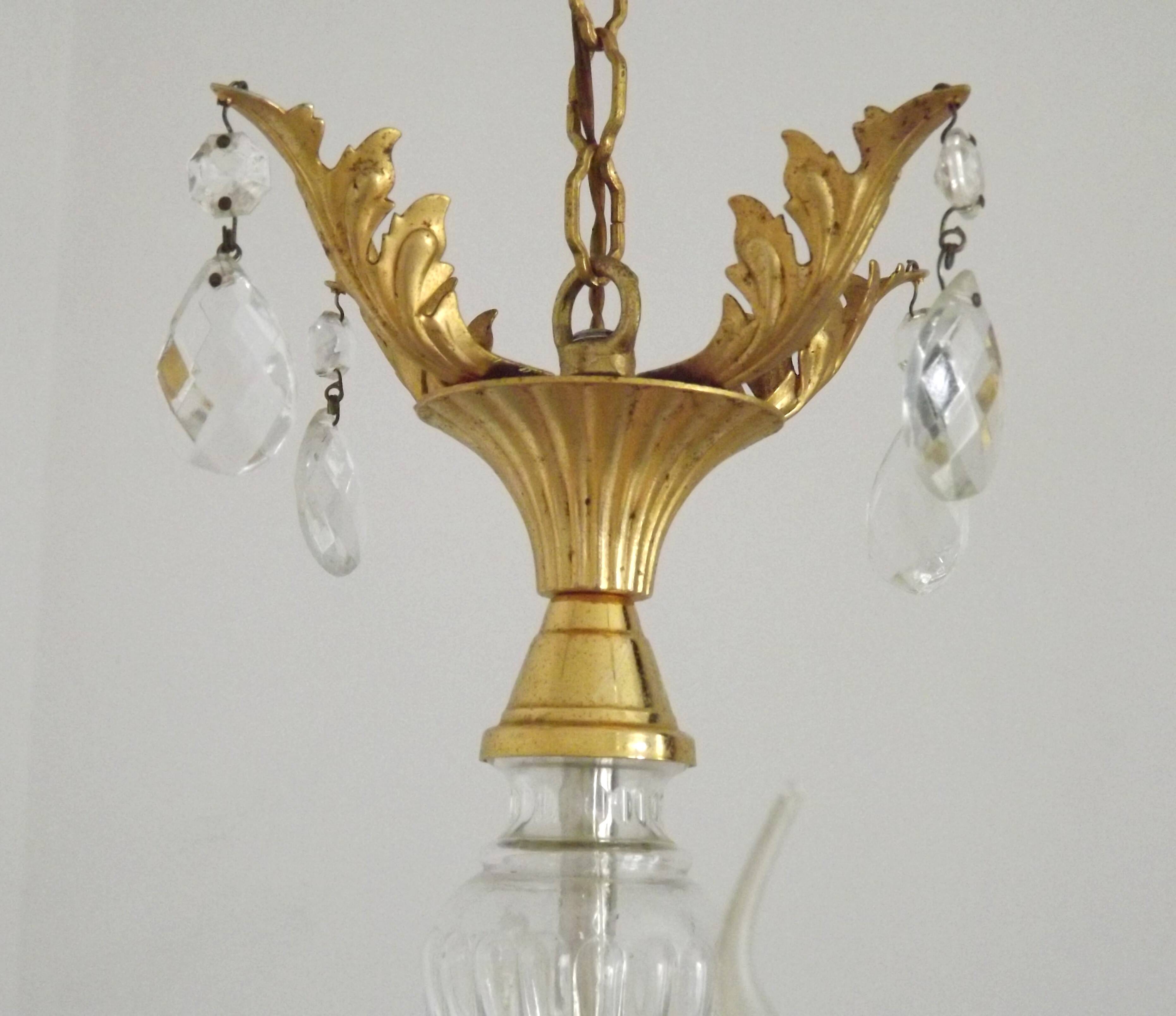 Mid-century brass, glass, and crystal chandelier with 4 lights 5099