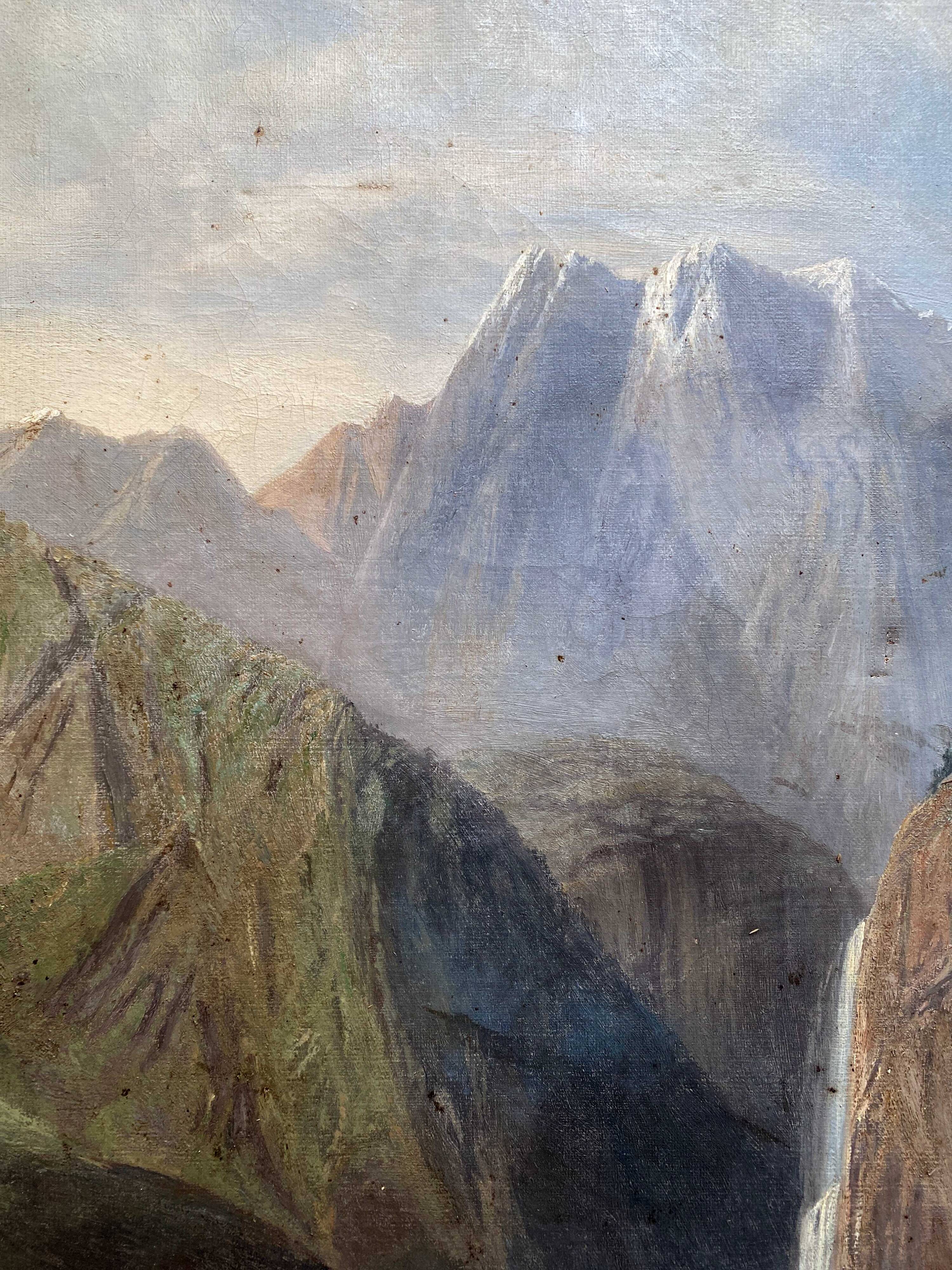 19th century HST painting "lively mountain village with torrent and waterfall"