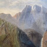 19th century HST painting "lively mountain village with torrent and waterfall"