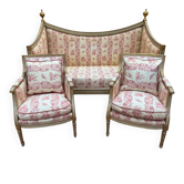 Sofa and pair of armchairs – Louis XVI period – Refinished wood and fabric