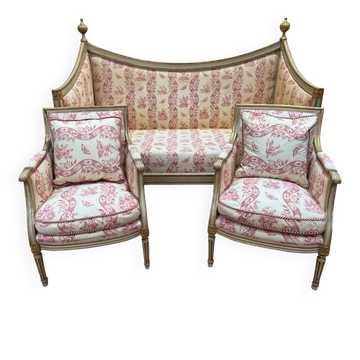 Sofa and pair of armchairs – Louis XVI period – Refinished wood and fabric