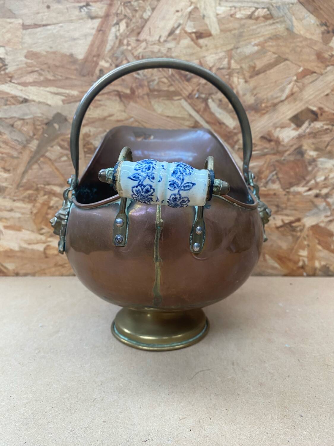 Antique copper & brass ash bucket + porcelain handle