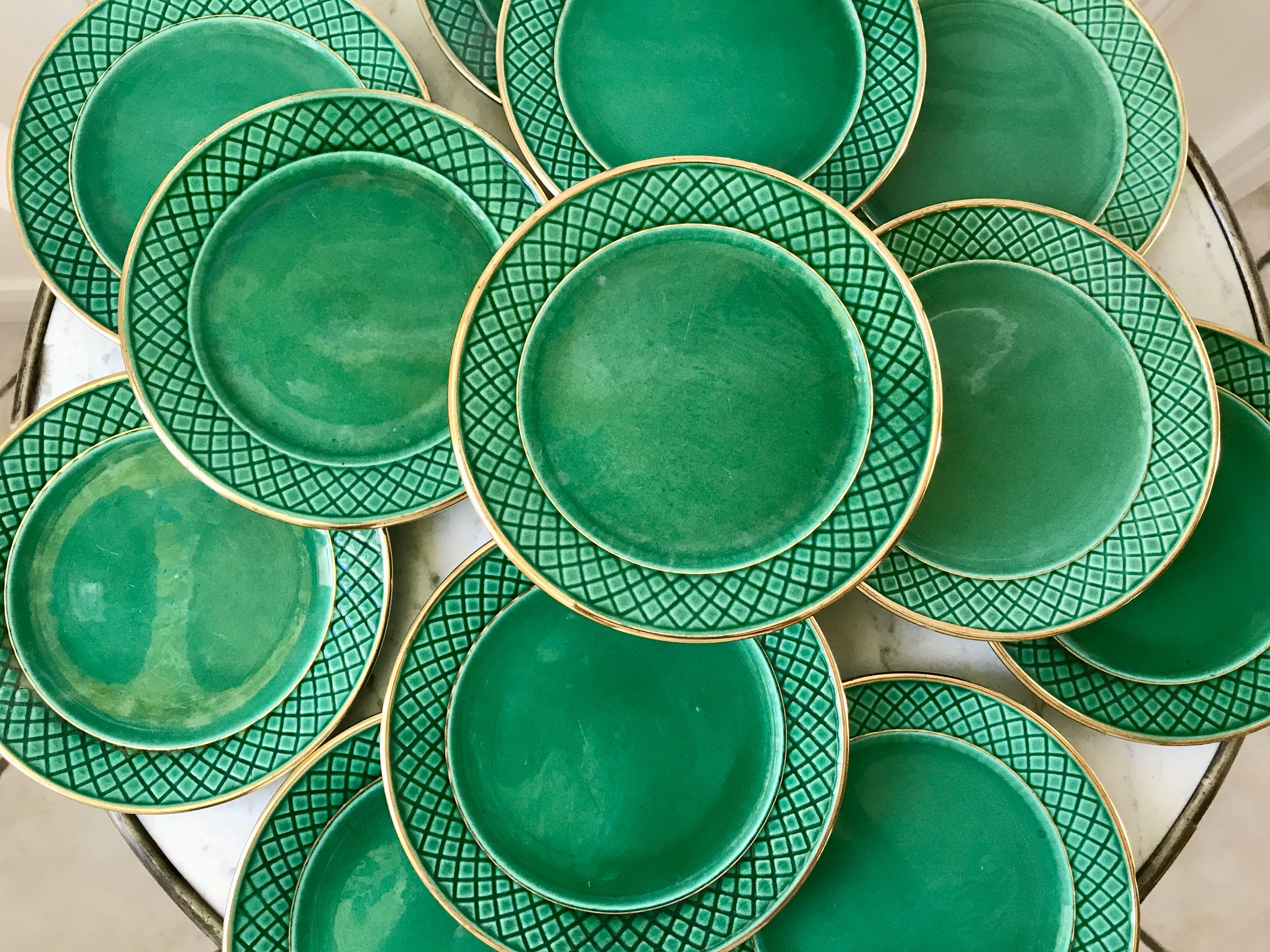 dessert service 12 dessert plates and a green and golden Art Deco cake dish 40s