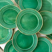 dessert service 12 dessert plates and a green and golden Art Deco cake dish 40s