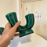 Pair of Art Deco Double Candlesticks in Emerald Green Ceramic - 1950s Vallauris Style