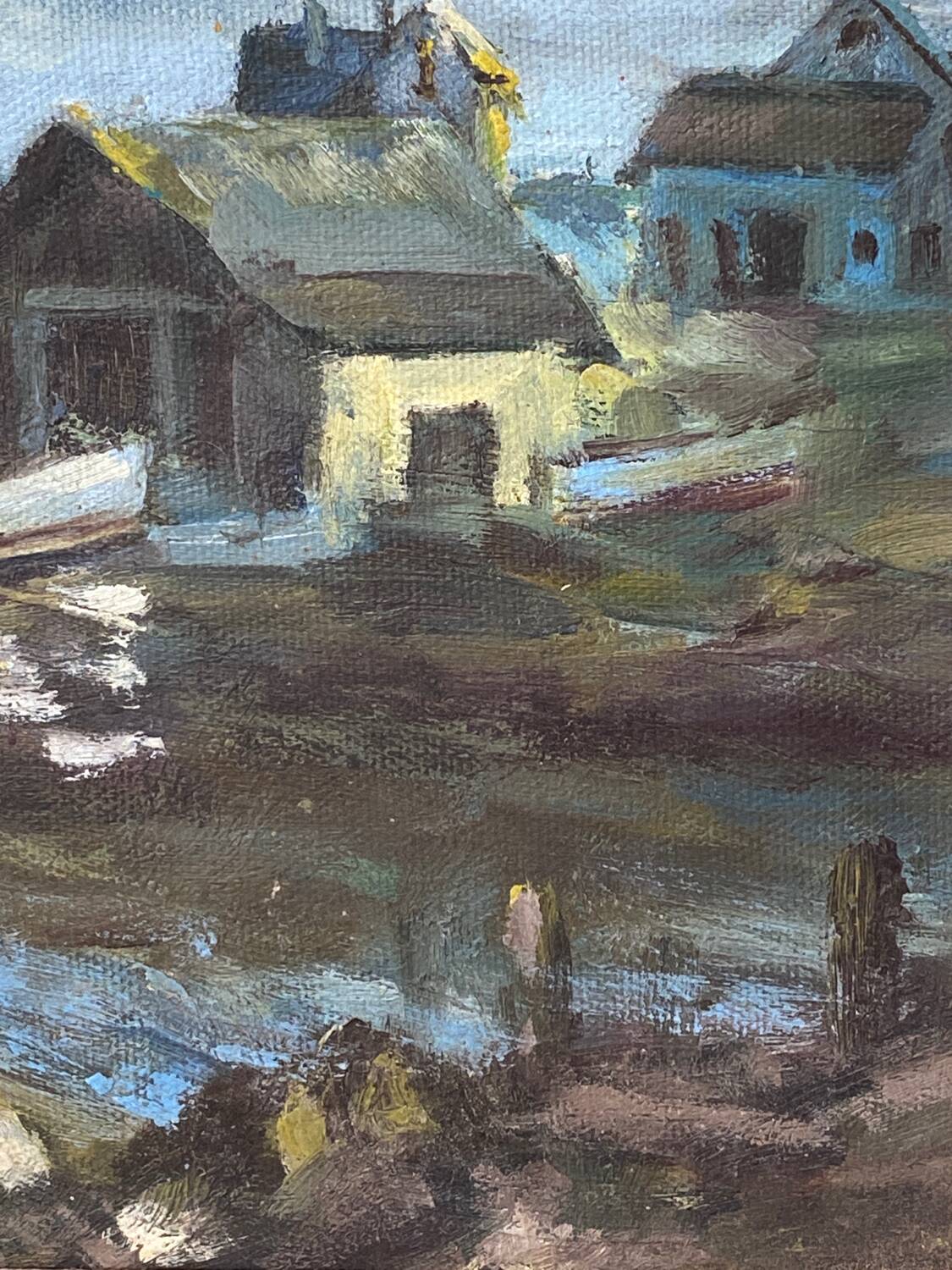 Oil on canvas, seaport scene