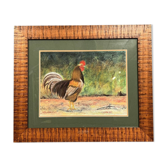 Pastel framed under glass from the mid-20th century depicting a rooster