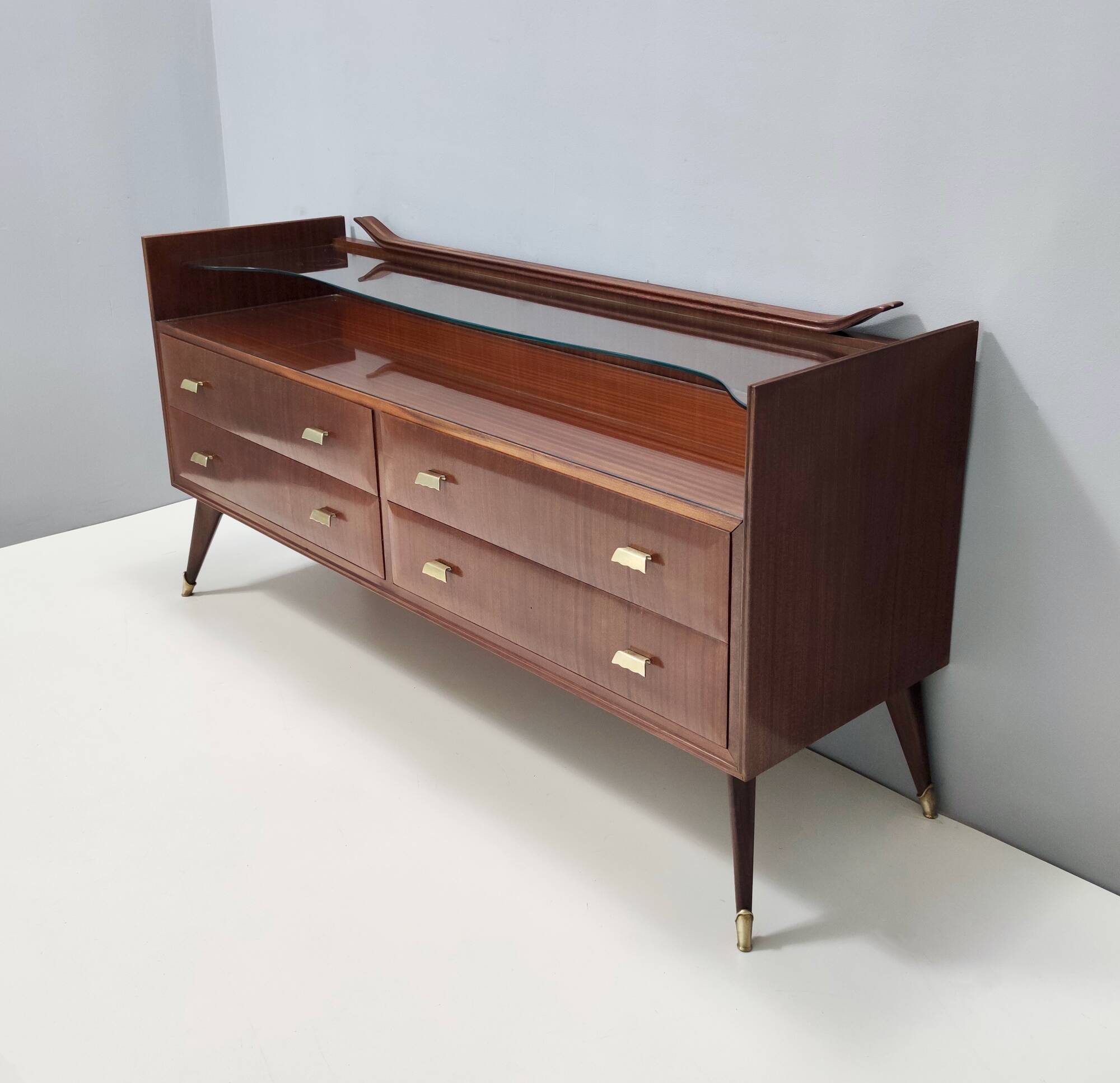 High-Quality Walnut Chest of Drawers with a Thick Glass Top, Italy