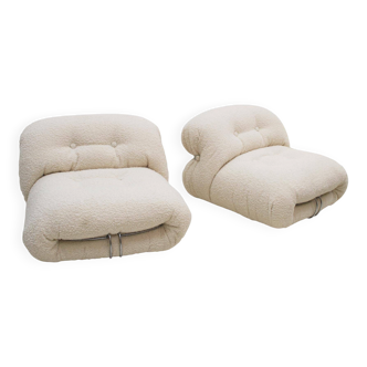 Mid Century White Wool "Soriana" Armchairs by Tobia Scarpa Edited by Cassina