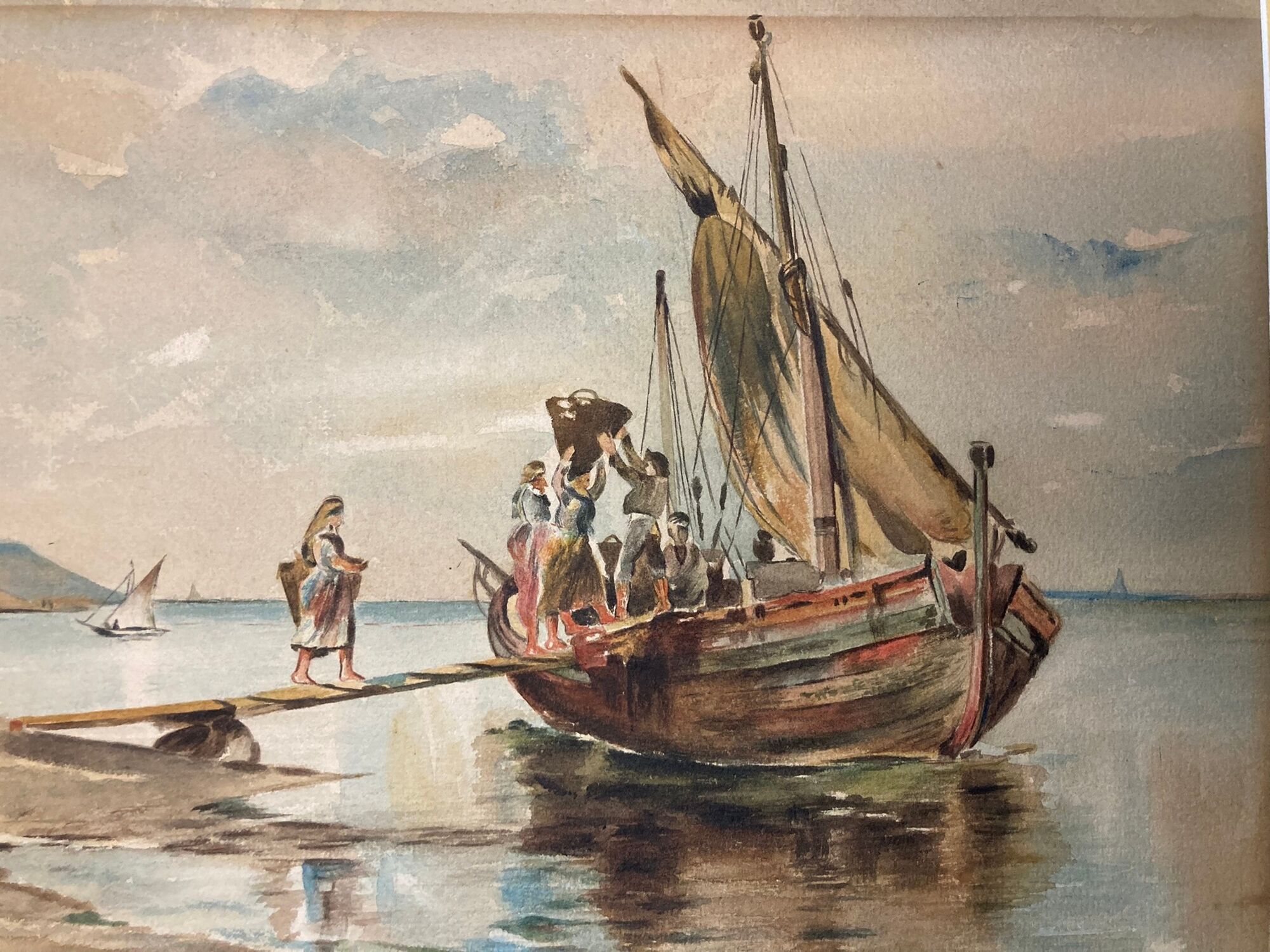2201039 Watercolor Return from fishing in Portugal signed early twentieth century