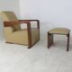 Leather armchair and art deco wood with Oottoman by Hugues Chevalier 2000s