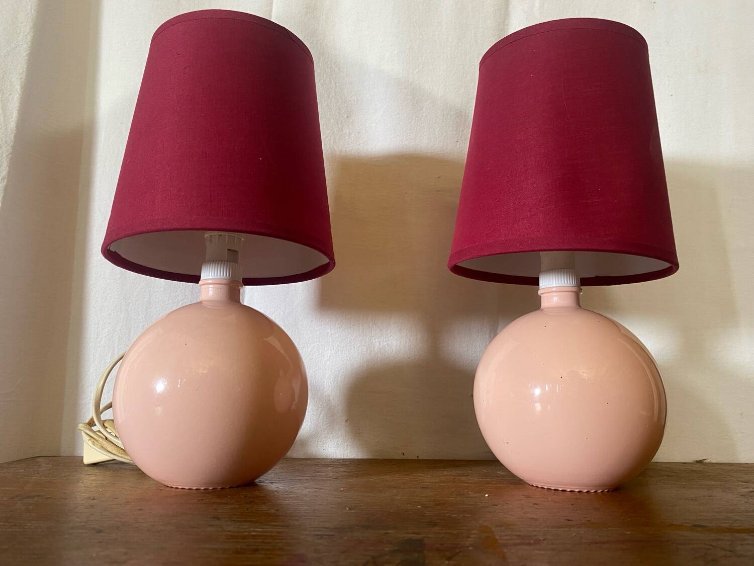Pair of antique de schuytener opaline pink ball vintage bedside lamps