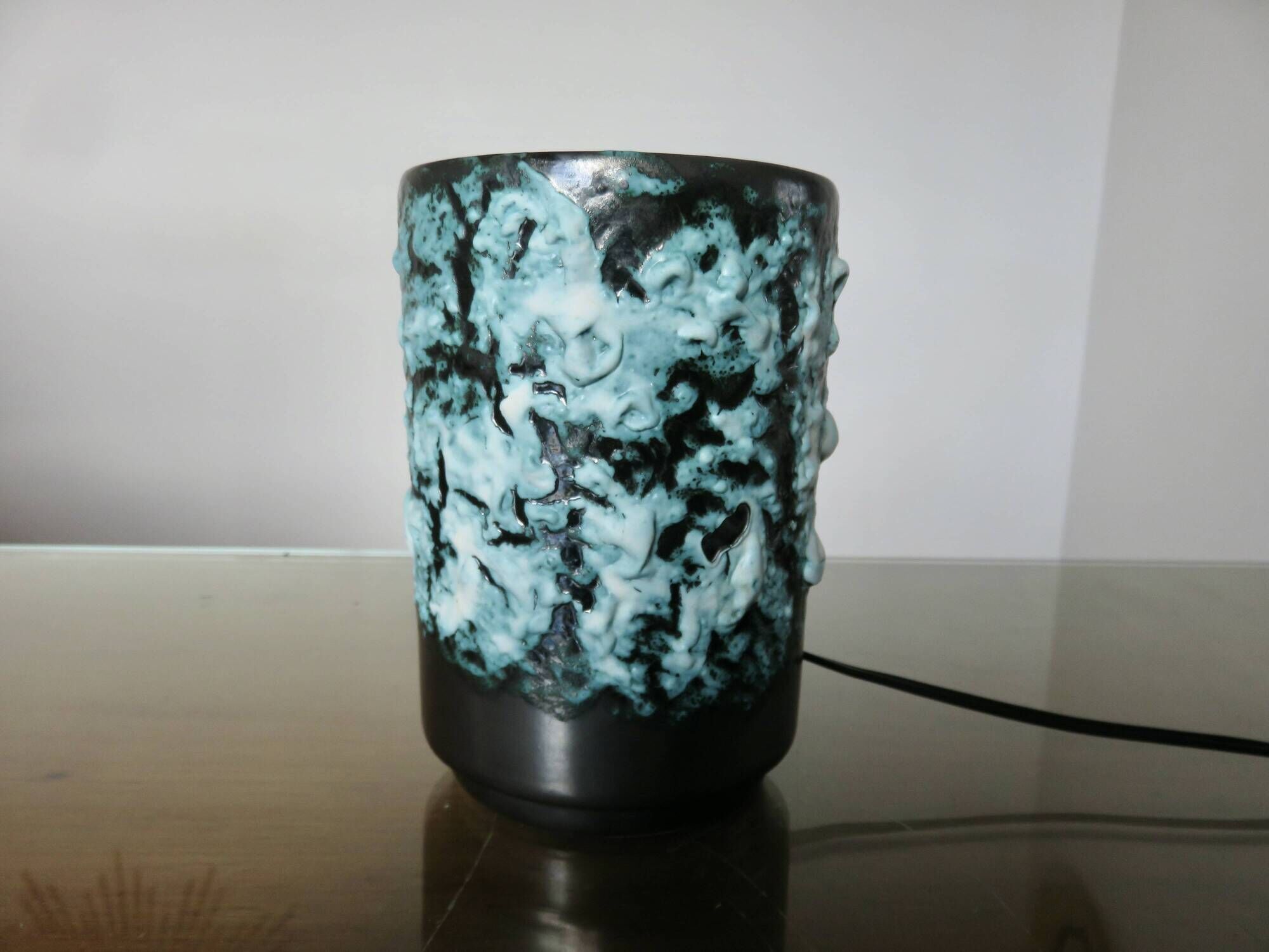 Lamp creations "LUC VALLAURIS" in black and blue fat lava ceramic, 1950.
